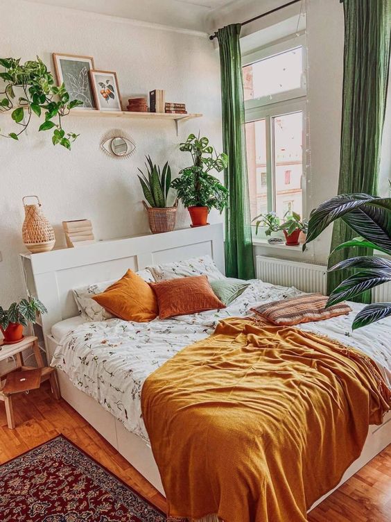 pokój, wnętrze, rośliny, drewniane łóżko